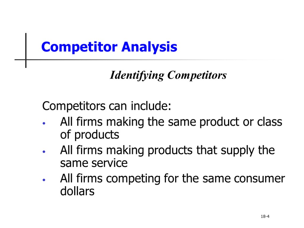 Competitor Analysis Identifying Competitors Competitors can include: All firms making the same product or